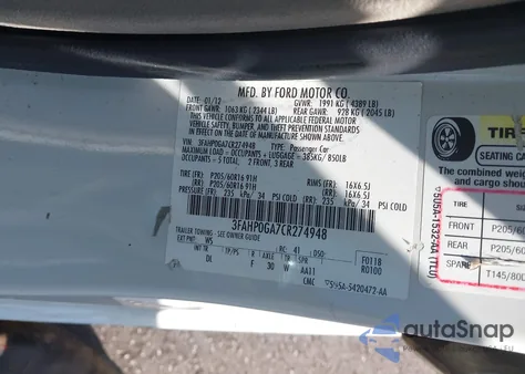2012 Ford Fusion S from USA, damaged, VIN 3FAHP0GA7CR274948